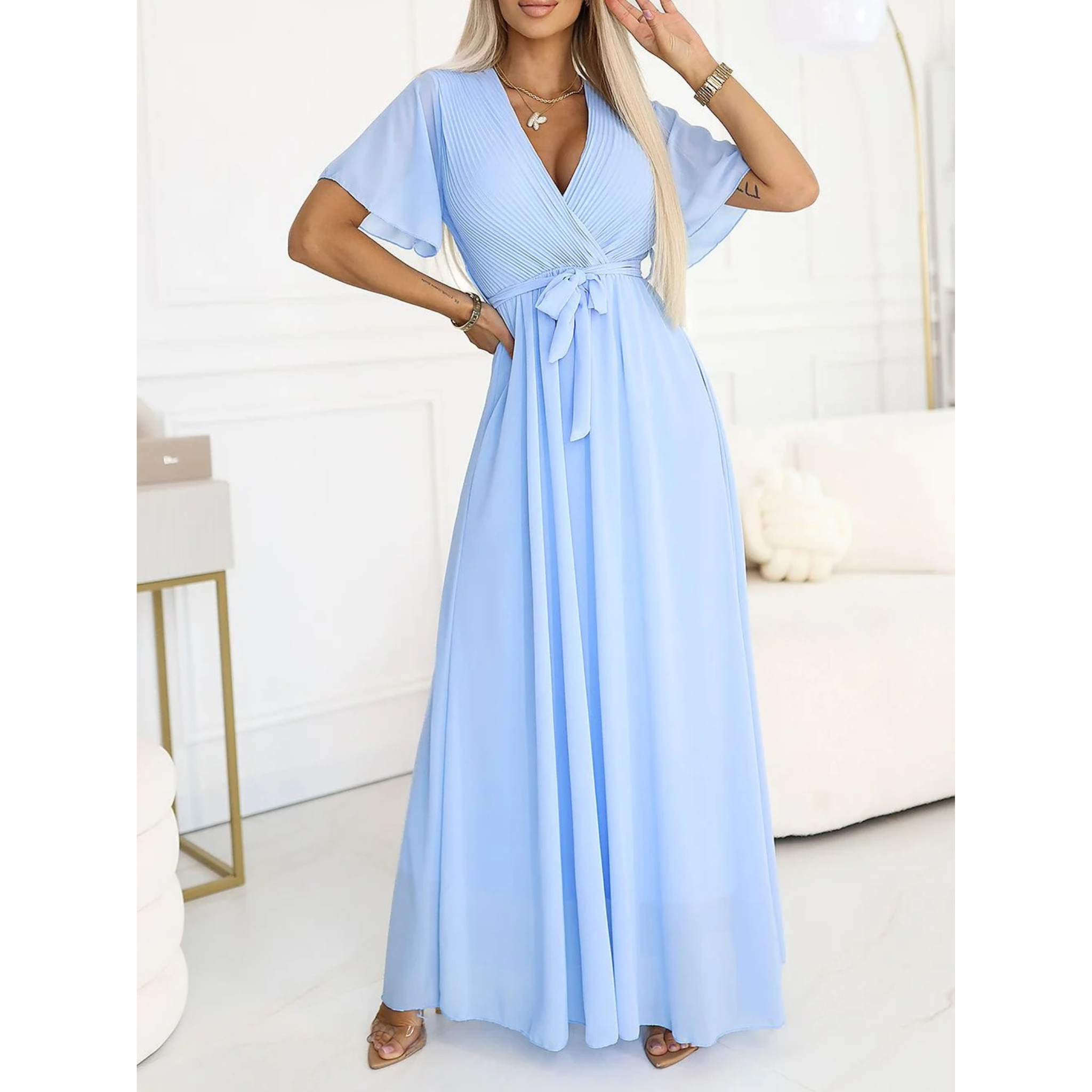 V-Neck Long-Sleeved Belted Maxi Dress