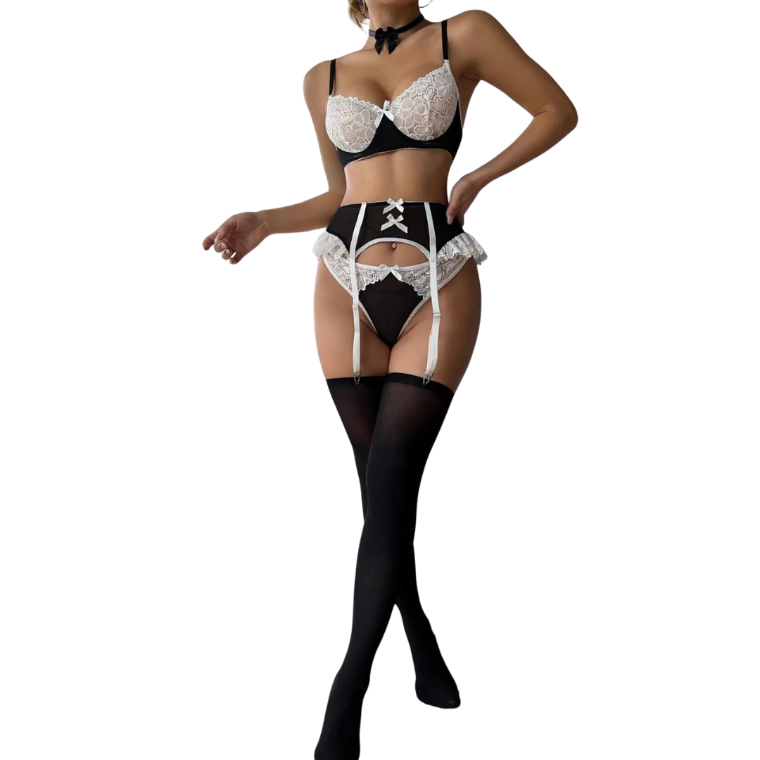 Maid Outfit Garter Set with Choker and Stockings Maid Outfit Garter Set with Choker and Stockings