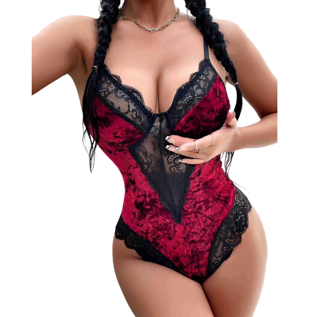 Patchwork Lace Bodysuit With V-Neck, High Stretch Tulle Elegant Evening Wear For Women main image 0