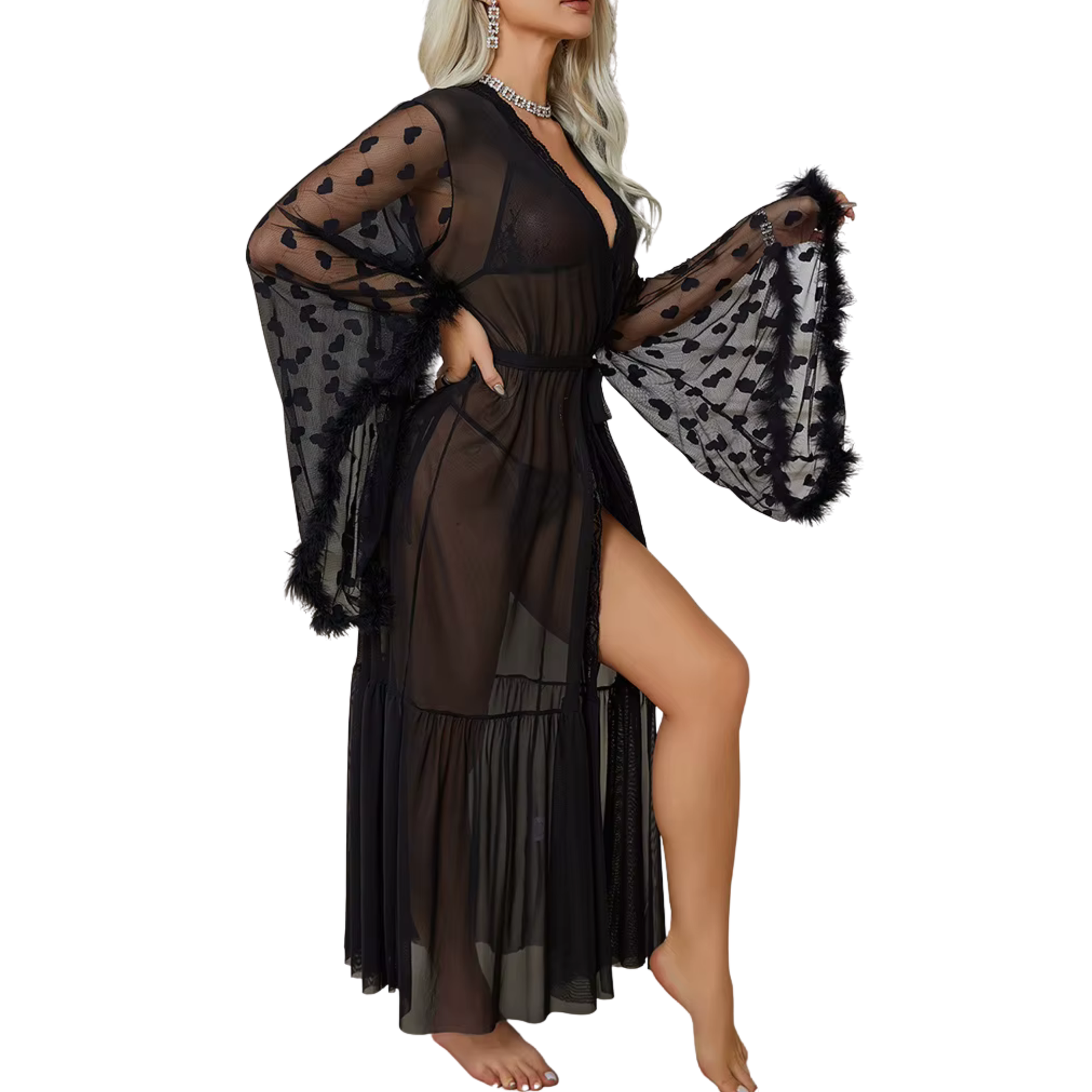 Long Sheer Robe with Heart Feather Sleeves