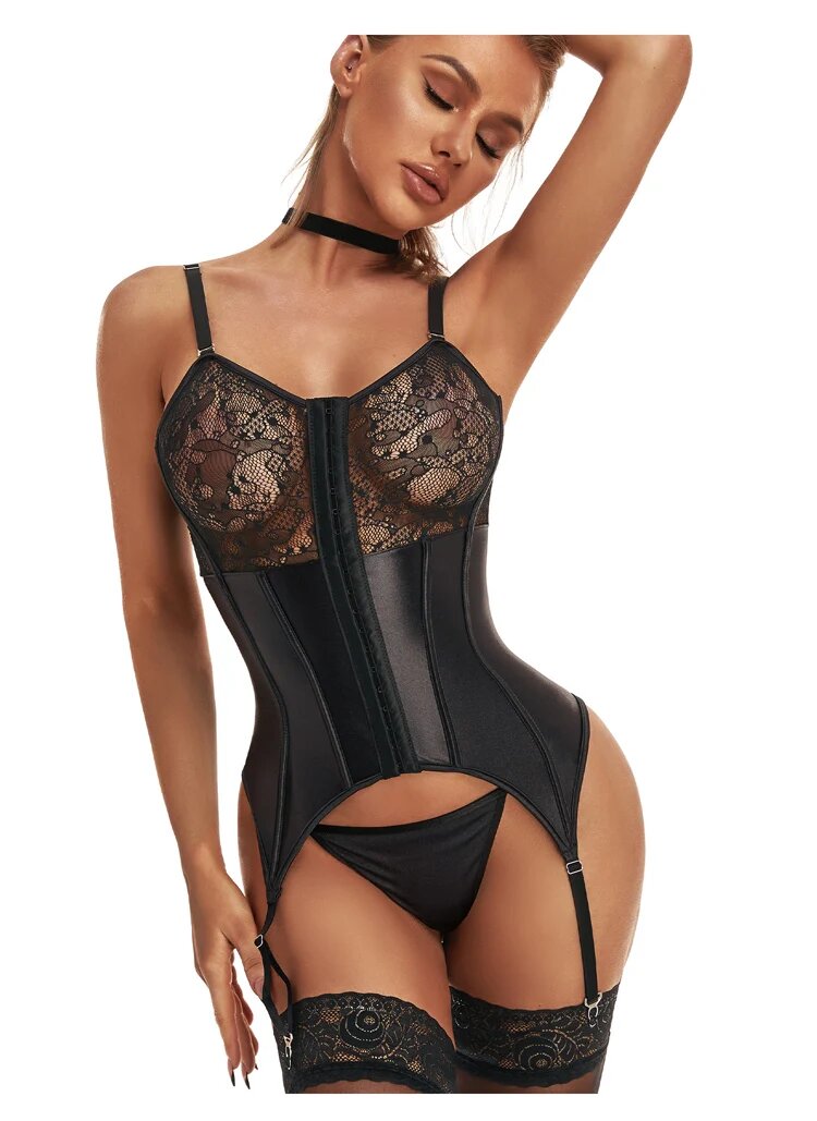 Lace up Back Wireless Corset Garter Set with Thong Lace up Back Wireless Corset Garter Set with Thong