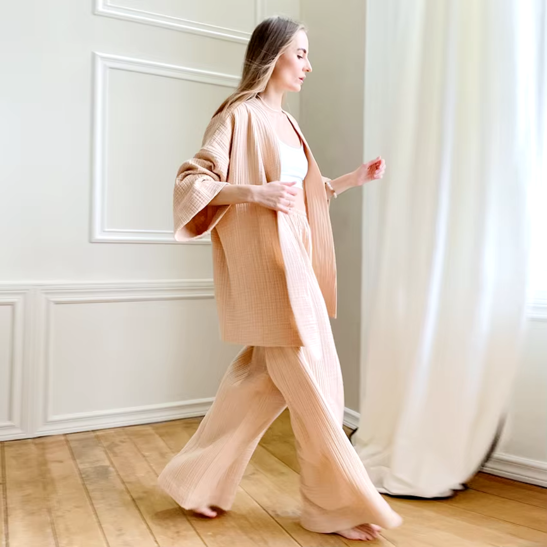 White Robe Pants Cotton Robe & Long Pants Set