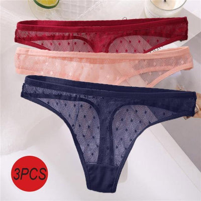 3 Pcs/ Sheer Mesh & Lace Thong Panties - Mon Paradis 